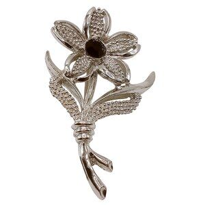 Vintage Sarah Coventry Flower Brooch 2.25" Long Silver Tone Black Rhinestone Pin